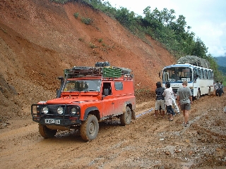 Towing a bus out of the mud